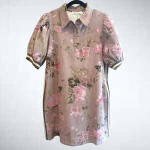 Entro Denim Floral Print Mini Dress in Latte Size S